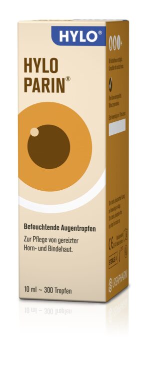 Eine HYLO-PARIN AU-TR Augentropfenpackung, 10 ml, mit Augenillustration und deutschem Erklärungstext zur Anwendung bei gereizten Augen.