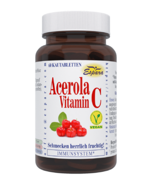 Eine braune Flasche mit der Aufschrift „ACEROLA VIT C KTBL ESP“ zeigt Kirschbilder und ein Vegan-Symbol. Sie enthält 60 Kautabletten, schmeckt lecker fruchtig und unterstützt das Immunsystem.