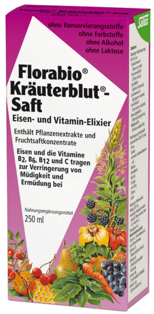 Schachtel KRÄUTER BLUT-SFT FLORABIO, ein Kräuter- und Vitaminelixier, mit verschiedenen Obst- und Gemüseabbildungen.