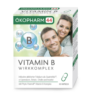 Die OEKOPH VIT B KOMPL KPS-Box zeigt ein lächelndes Paar und ein B-Vitamin-Diagramm und enthält 60 Kapseln.