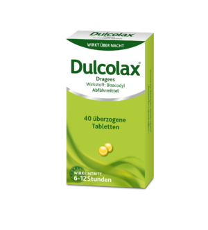 Eine Packung mit 40 Tabletten DULCOLAX DRG, einem Abführmittel mit Bisacodyl, wird in einer grün-weißen Verpackung geliefert und wirkt innerhalb von 6–12 Stunden.
