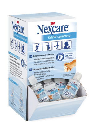 Schachtel NEXCARE HD DESINF.GEL DISPL mit Abbildungen zu den Themen Händedesinfektion, Reisen und Schutz, mit einer Wirksamkeit von 99,9 %.