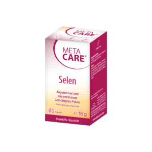 Dose META CARE SELEN KPS, angereichert mit enzymreichem Gerstengraspulver, beinhaltet 60 Kapseln, Nettogewicht 16g.