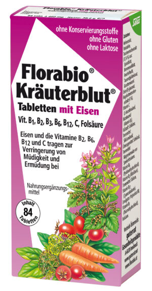 KRÄUTER BLUT-TBL FLORABIO ist eine Tablettenbox mit Eisen und Vitaminen, mit Kräuter- und Gemüseabbildungen. Enthält 84 glutenfreie, laktosefreie und konservierungsmittelfreie Tabletten.