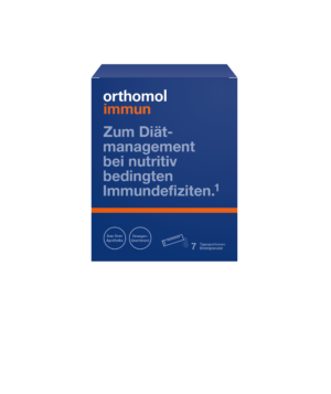 Blaue Schachtel des Nahrungsergänzungsmittels ORTHOMOL IMM.DIREKT GRAN ORA mit deutschem Text zum diätetischen Management bei ernährungsbedingten Immundefizienzen.