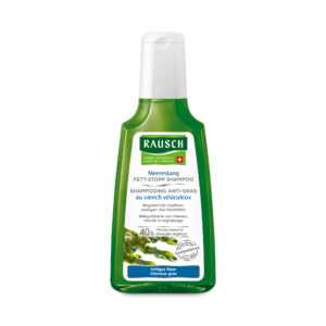 Grüne Flasche SH.RAUSCH MEEREST.FETT-STOPP Anti-Fett-Shampoo mit Algenextrakt und 40% Wirkstoffkonzentration.