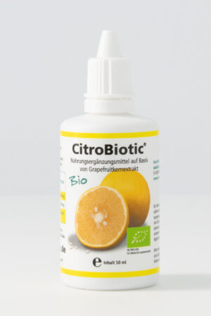 Flasche CITROBIOTIC GRAPEFR KERN LSG Grapefruitkernextrakt mit weißem Verschluss und einer Grapefruitscheibe auf dem Etikett, gekennzeichnet als 50 ml Bio-Nahrungsergänzungsmittel.