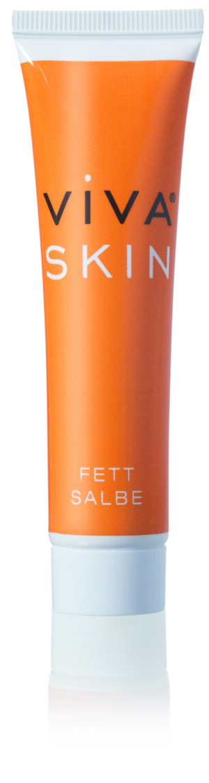 Orange Tube mit der Aufschrift „VIVA SKIN FETTSLB TB“ mit weißer Kappe.
