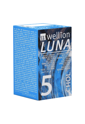 Eine Schachtel WELLION LUNA T.STR CHOLESTER-Teststreifen in Blau und Grau, mit der Aufschrift „5 CHOL“ und mehrsprachigem Text.