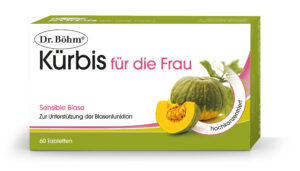 Eine Schachtel DR.BÖHM KüRBIS TBL FRAU Tabletten für Frauen ist mit einem Kürbismotiv versehen. Der deutsche Text unterstützt die Blasenfunktion und enthält 60 Tabletten.