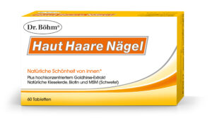 Box mit 60 DR.BÖHM HAUT-HAARE-NAEG TBL, enthält natürliche Schönheitszutaten wie Goldhirse-Extrakt, Biotin und MSM.