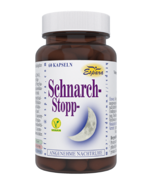 Eine braune Flasche mit der Aufschrift „SCHNARCH STOPP KPS“ und einem Halbmond-Bild enthält 60 vegane Kapseln.