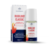 Eine 50-ml-Flasche RUBILIND CLASSIC ROLL ON mit Schachtel. Die Verpackung ist weiß mit roten und marineblauen Akzenten und zeigt ein Flammensymbol.