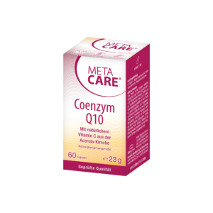 Dose META CARE Q10 COENZ.KPS 100 mit 60 Kapseln, inkl. natürlichem Vitamin C aus der Acerolakirsche.