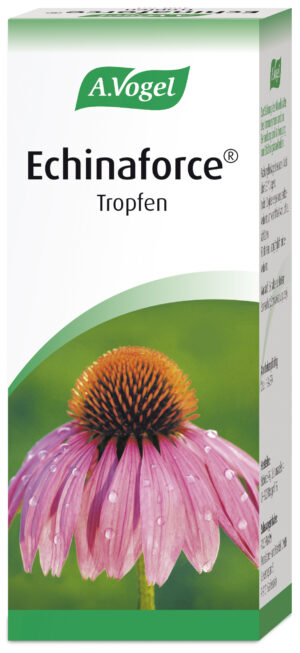 Schachtel ECHINAFORCE TR mit einem Foto einer rosa Echinacea-Blüte mit Wassertropfen.