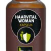 Ein braunes Gefäß mit der Aufschrift „HAARVITAL KPS WOMEN HAN“ sowie einem Schild und einem Personensymbol und der Marke „Hanoju“.