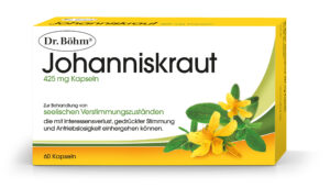 Eine 60-Kapsel-Packung „DR.BÖHM JOH.KR.KPS 425MG“ mit gelben Blumen auf der Verpackung soll auf Deutsch für emotionales Wohlbefinden sorgen.