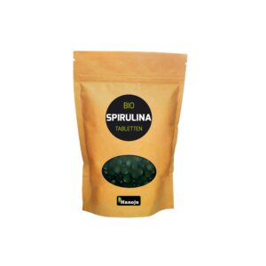 Brauner Beutel SPIRULINA BIO TBL 400MG HAN mit einem Fenster, durch das die grünen Tabletten im Inneren sichtbar werden.