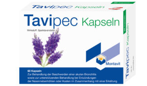 Schachtel TAVIPEC KPS im Lavendel-Design, zur Linderung akuter Bronchitis und Erkältungssymptome. Enthält 60 Kapseln mit Speiklavendelöl.