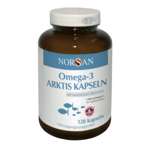 Eine Flasche NORSAN OMEGA 3 ARKTIS KPS mit 120 Kapseln, mit natürlichem Lebertran und 1500 mg Omega-3 pro Portion. Das Etikett ist auf Deutsch.
