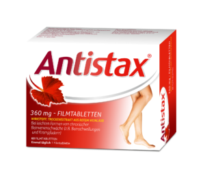 Schachtel ANTISTAX FTBL 360MG mit Bildern von Beinen und einem Blatt sowie deutschem Text zu Beinbeschwerden wie Schwellungen. Enthält 60 Filmtabletten mit Dosierungsanleitung.