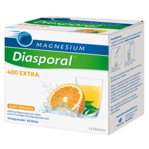 Schachtel MAGN DIASP.400 EXTR TRINGRAN mit Orangenscheibe und Glasabbildung auf der Verpackung. Enthält 50 Sticks mit Orangengeschmack mit deutscher Anleitung.
