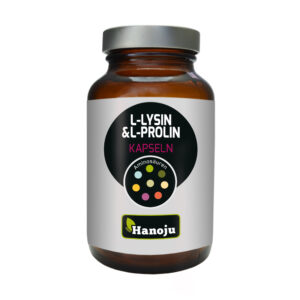 Eine braune Flasche mit der Aufschrift „L-LYSIN+L-PROLIN KPS 480MG“ zeigt bunte kreisförmige Grafiken und ein „Hanoju“-Logo in Grün und Gelb.