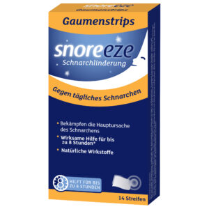 Eine Packung SNOREEZE GAUMENBLAETTCH.STR enthält 14 Streifen, die die Hauptursache des Schnarchens bekämpfen und mithilfe natürlicher Inhaltsstoffe bis zu 8 Stunden wirksame Linderung bieten.