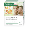 Schachtel „Ökopharm Vitamin C Komplex Kapseln“ mit einem lächelnden Paar und Zitrusgrafiken, enthält 30 Kapseln mit Vitamin C und Bioflavonoiden.