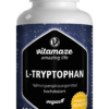 Weiße Flasche mit L-TRYPTOPHAN KPS 500MG-Nahrungsergänzungsmittel mit 180 Kapseln, gekennzeichnet als vegan und hochdosiert, mit der Aufschrift „Amazing Life“ auf einem dunkelblauen, sternenbesetzten Hintergrund.