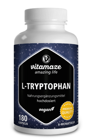 Weiße Flasche mit L-TRYPTOPHAN KPS 500MG-Nahrungsergänzungsmittel mit 180 Kapseln, gekennzeichnet als vegan und hochdosiert, mit der Aufschrift „Amazing Life“ auf einem dunkelblauen, sternenbesetzten Hintergrund.