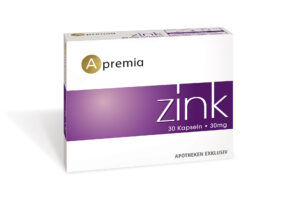 Schachtel APREMIA ZINK 30MG KPS mit 30 Kapseln, Aufschrift „Apotheken Exklusiv“, in weiß-violetter Verpackung.