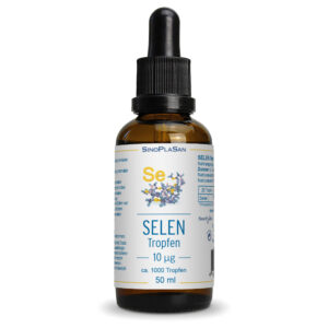 Eine 50 ml Braunglasflasche mit der Aufschrift „SELEN TR 10MCG“ und Tropfverschluss enthält 10 µg Selen pro Tropfen, also insgesamt etwa 1000 Tropfen.
