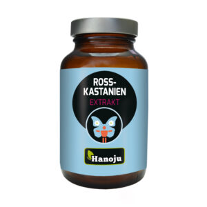 Braunes Glasgefäß mit der Aufschrift „ROSSKAST KPS EXTR 300MG“ von Hanoju mit einer Illustration einer Kastanienblüte.