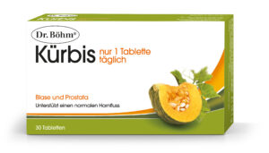 Die Verpackung von DR.BÖHM KüRBIS TBL 1 TGL enthält eine Kürbisscheibe und soll sich positiv auf die Gesundheit von Blase und Prostata auswirken und die normale Harnausscheidung unterstützen. Enthält 30 Tabletten.