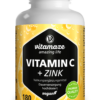 Flasche VIT C TBL 1000MG +ZINK mit weißem Deckel, enthält 180 Tabletten. Die Etiketten weisen darauf hin, dass es vegan und von Premiumqualität für die Langzeitanwendung ist.