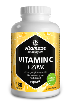 Flasche VIT C TBL 1000MG +ZINK mit weißem Deckel, enthält 180 Tabletten. Die Etiketten weisen darauf hin, dass es vegan und von Premiumqualität für die Langzeitanwendung ist.