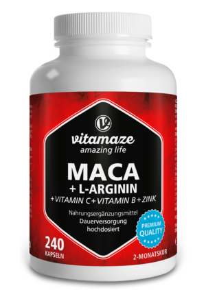 Eine Flasche des Nahrungsergänzungsmittels MACA KPS 4:1 +L-ARGININ enthält 240 Kapseln und reicht somit für zwei Monate, mit zusätzlichen Vitaminen C, B6 und Zink.