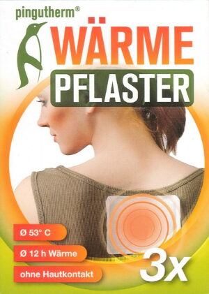 Verpackung für ein PINGUTHERM 12H WAERMEPFL Wärmepflaster, abgebildet auf der Anwendung auf dem Rücken. Eigenschaften: 53 °C Wärme, 12 Stunden lang ohne Hautkontakt. Enthält drei Pflaster.