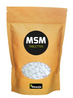 Eine braune Tüte mit der Aufschrift „MSM TBL 750MG HAN“ mit weißen Tabletten, die durch ein rundes Fenster sichtbar sind, und einem Hanoju-Logo an der Unterseite.