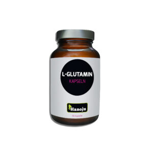 Eine braune Flasche mit der Aufschrift „L-GLUTAMIN KPS 500MG HANOJU“ weist ein schwarzes Kreisdesign auf und enthält 90 Kapseln.