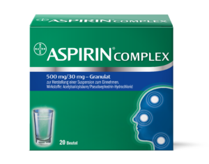 Eine Schachtel ASPIRIN COMPLEX GRAN500/30MG, 20 Beutel, in einer grünen Verpackung mit einem Glas und einem Kopfdiagramm mit hervorgehobenen Nebenhöhlen.