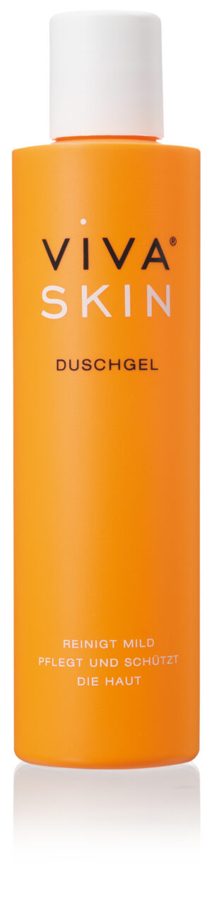 Eine VIVA SKIN DUGEL Duschgelflasche, orange mit weißem Verschluss, mit deutschem Text: „Reinigt mild, pflegt und schützt die Haut.“.