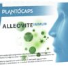 Schachtel PLANTOCAPS ALLEOVITE IMM.KPS mit einem blauen menschlichen Profil und grünen virusähnlichen Illustrationen.