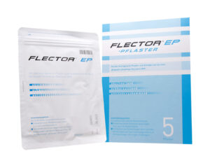 FLECTOR EP PFL-Paket mit einem offenen Beutel und einer Schachtel mit Produktdetails.