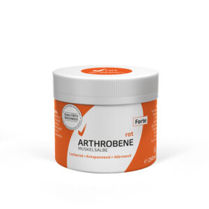 Ein 250 ml weißer und orangefarbener Behälter mit Muskelbalsam ARTHROBENE MUSKELSLB ROT FTE, entwickelt für lockernde, entspannende und wärmende Wirkung.