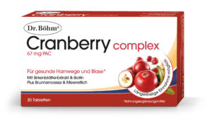 Die DR.BÖHM CRANBERRY COMPL.TBL-Box zeigt Cranberry-Bilder und enthält 67 mg PAC, Birkenblattextrakt, Biotin, Brunnenkresse und Meerrettich für die Gesundheit der Harnwege und der Blase.