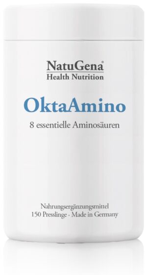 Weiße Dose mit der Aufschrift „NATUGENA PRESSL OKTAAMINO“ und den Angaben „8 essentielle Aminosäuren“, Nahrungsergänzungsmittel, 150 Tabletten, hergestellt in Deutschland.