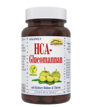 Eine Flasche HCA-GLUCOMANNAN KPS-Kapseln mit einem Etikett mit Bildern von grünen Früchten.