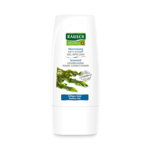 RAUSCH HN MEEREST.FETTST.GEL, ein Conditioner für fettiges Haar, zeigt auf seinem Etikett Bilder und Markenzeichen von grünen Algen.